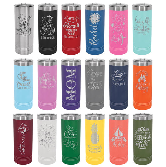 Set of 16 stainless steel tumblers with various designs and text in different colors.