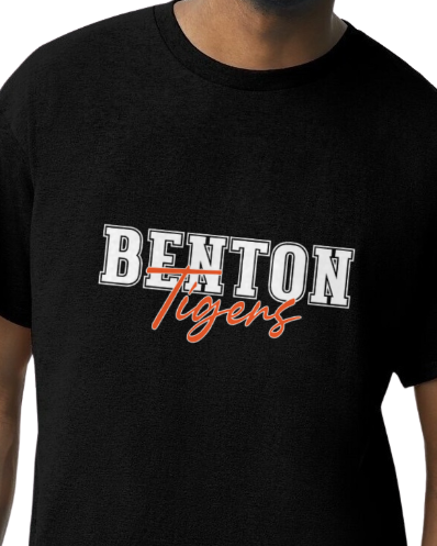 Black t-shirt with 'Benton Tigers' text on a plain background