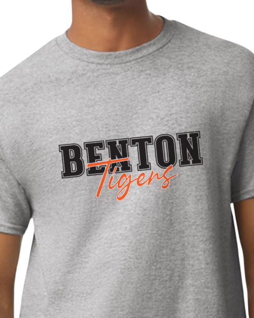 Gray t-shirt with 'Benton Tigers' text on a white background