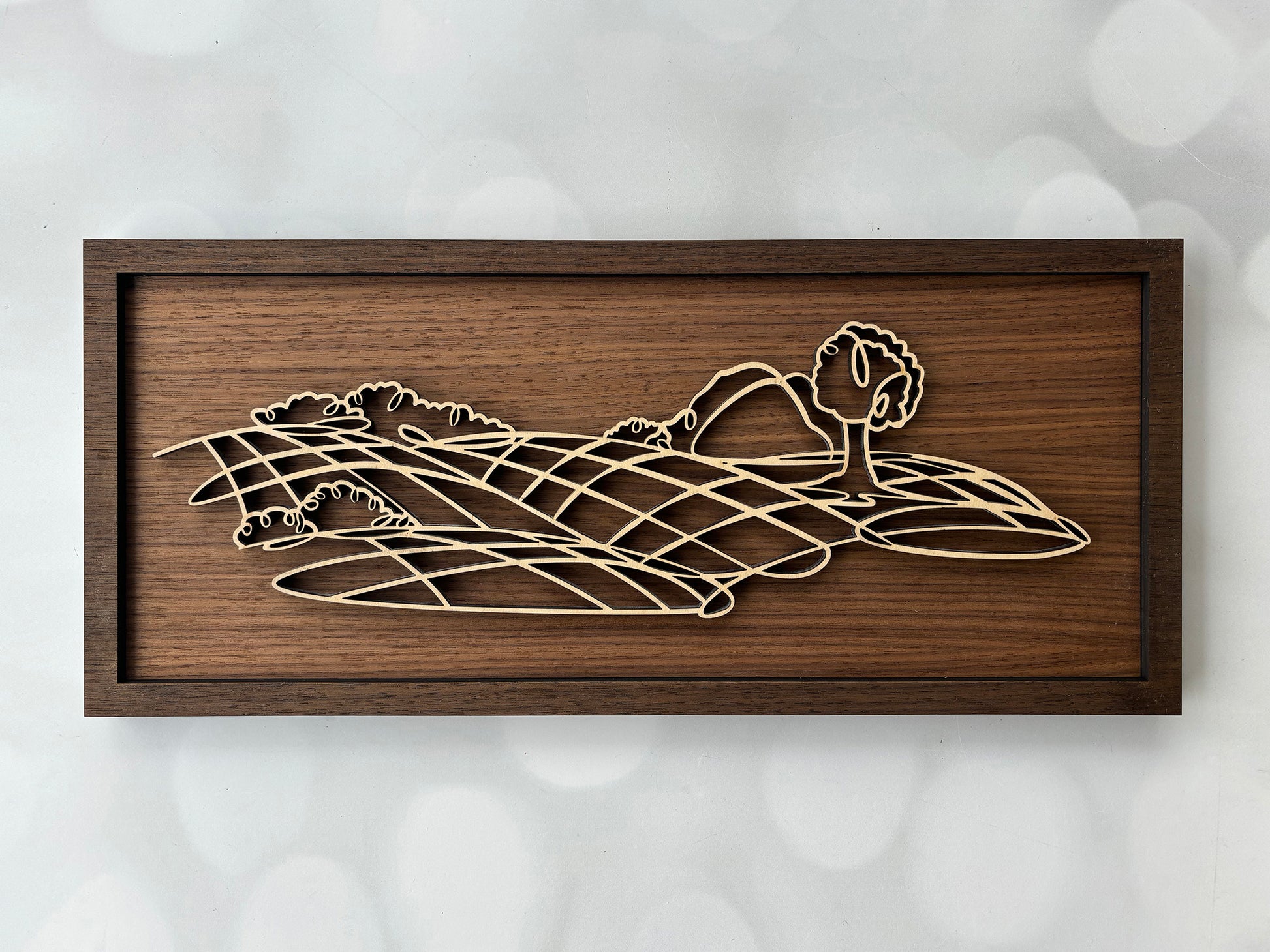 Wooden wall art with a geometric design on a white background
