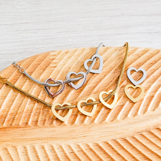 Open Heart Trio Snake Chain Bracelet – Silver or Gold Stainless Steel