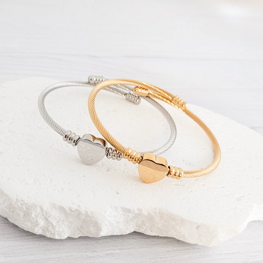 Cable Heart Bangle Bracelet – Silver or Gold Stainless Steel